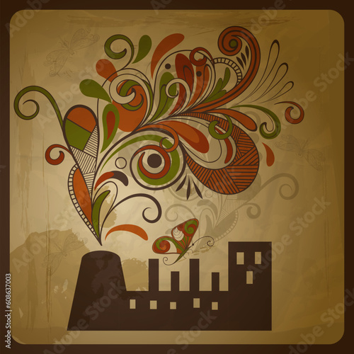 vector eco  concept composition with a factory and  floral exhaust smoke coming from it   on crumpled paper texture, eps 10
