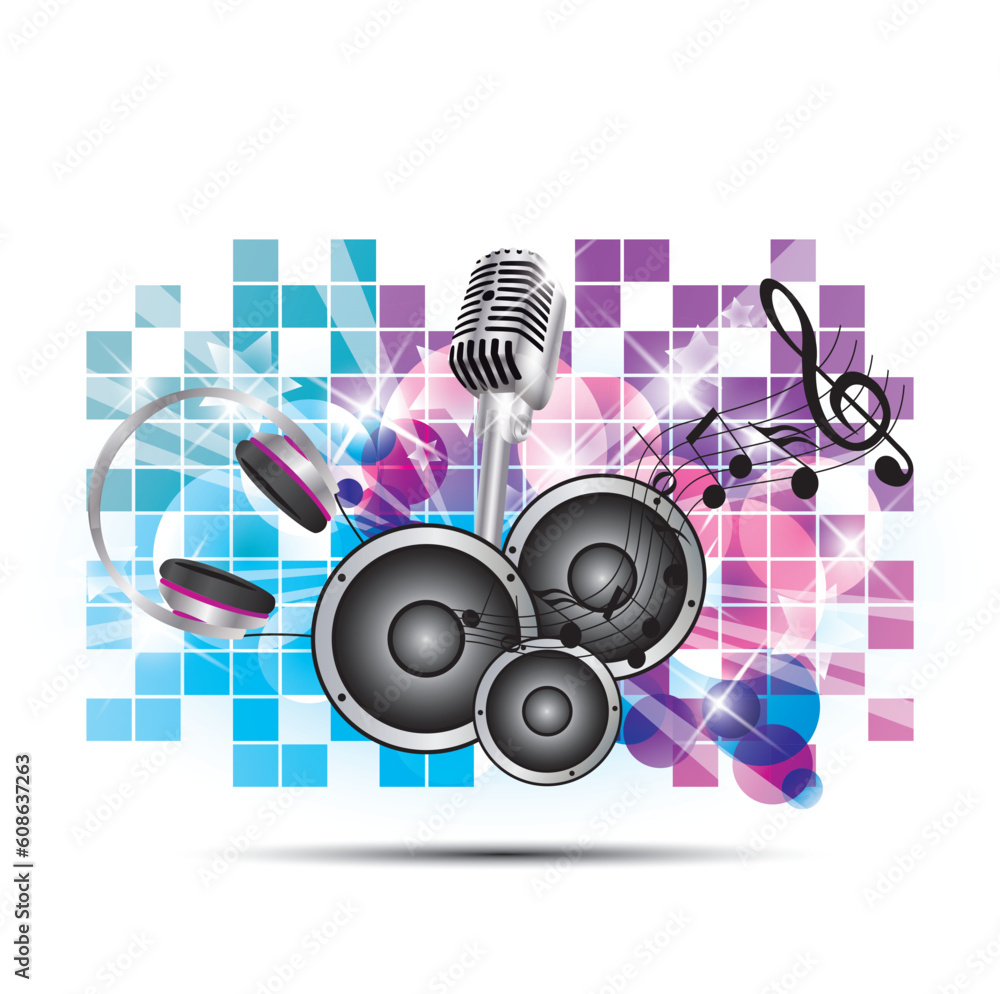 colored background music with headphones and speakers, microphone