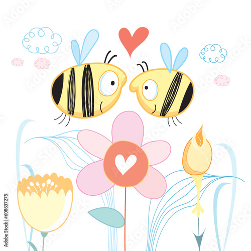 Greeting card with fun loving bees on a white background with flowers