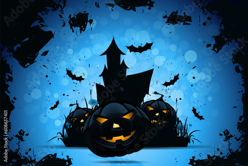 Grunge Halloween Party Background with Pampkins, House in Grass and Bats