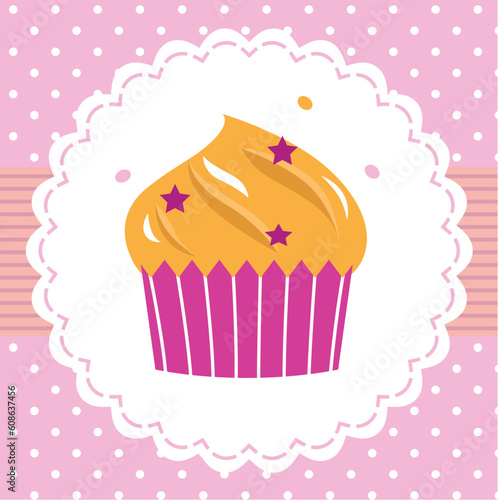 Retro pink cupcake isolated on dotted background. Vector