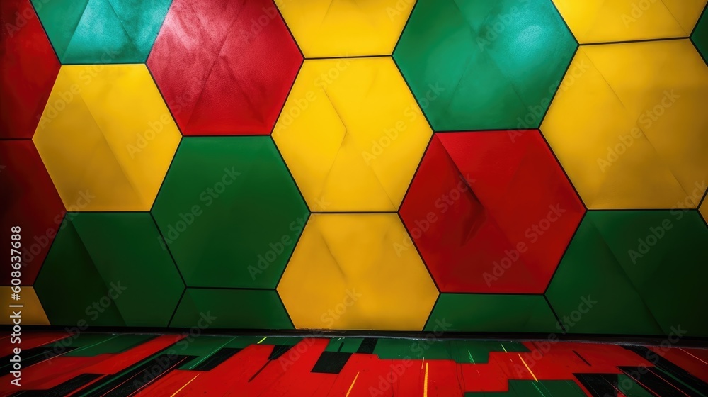 geometry painted wall in multi color. yellow, candy red, green. background, wallpaper, generative AI geometry painted wall in multi color. yellow, candy red, green. background, wallpaper, generative AI