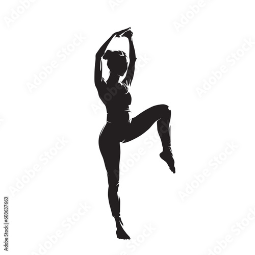 Young woman practicing yoga, isolated vector silhouette, ink drawing