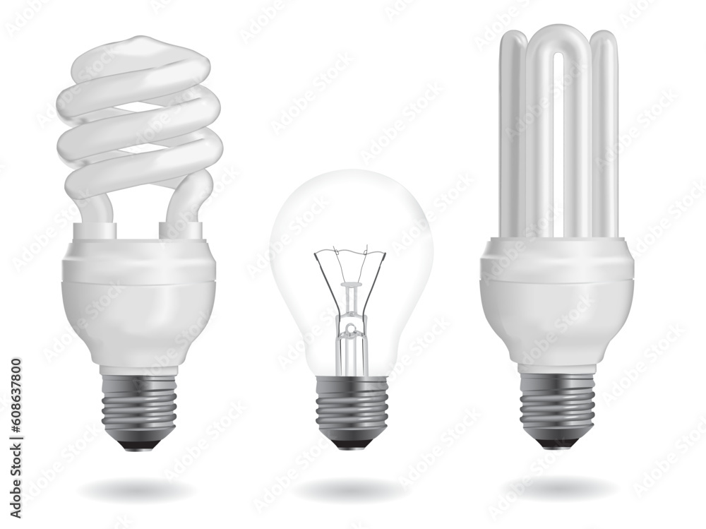 Incandescent and fluorescent energy efficiency light bulbs. Vector Illustration.