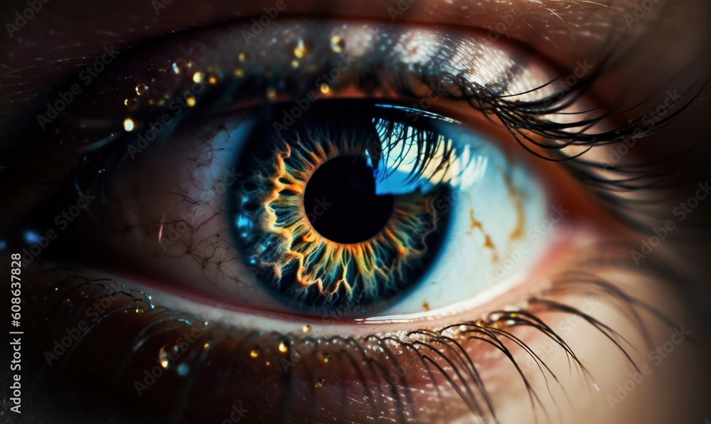  a close up of a blue eye with gold flecks.  generative ai