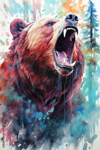 watercolor featuring a powerful and majestic bear against a backdrop of nature. bold and vibrant colors to bring out the strength and beauty of the bear
