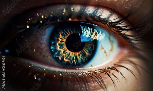  a close up of a blue eye with gold flecks. generative ai
