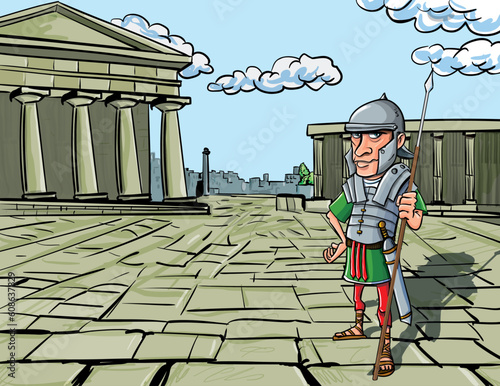 Cartoon Roman Legionary standing in front of a Roman temple