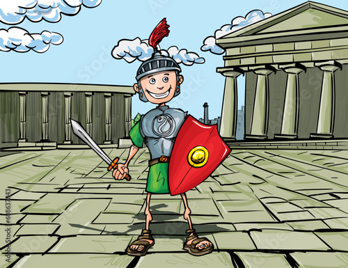 Cartoon Roman Legionary standing in front of a Roman temple