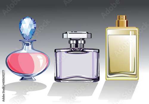Three glass perfume or eau de toilette bottles. Vector illustration