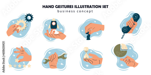 set of miniatures with hand gestures. Vector illustrations hand holding chart, horse, rocket, stars, settings
