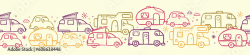 Cute doodle Camper Vans, Caravans and Motorhomes - seamless pattern, hand drawn background, great for textiles, banners, wallpapers.