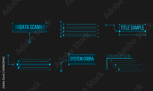 Callout headers on black background. Set of HUD futuristic sci-fi frame template. Scifi futuristic panel collection of HUD elements GUI VR UI design Cyberpunk neon glow retro style