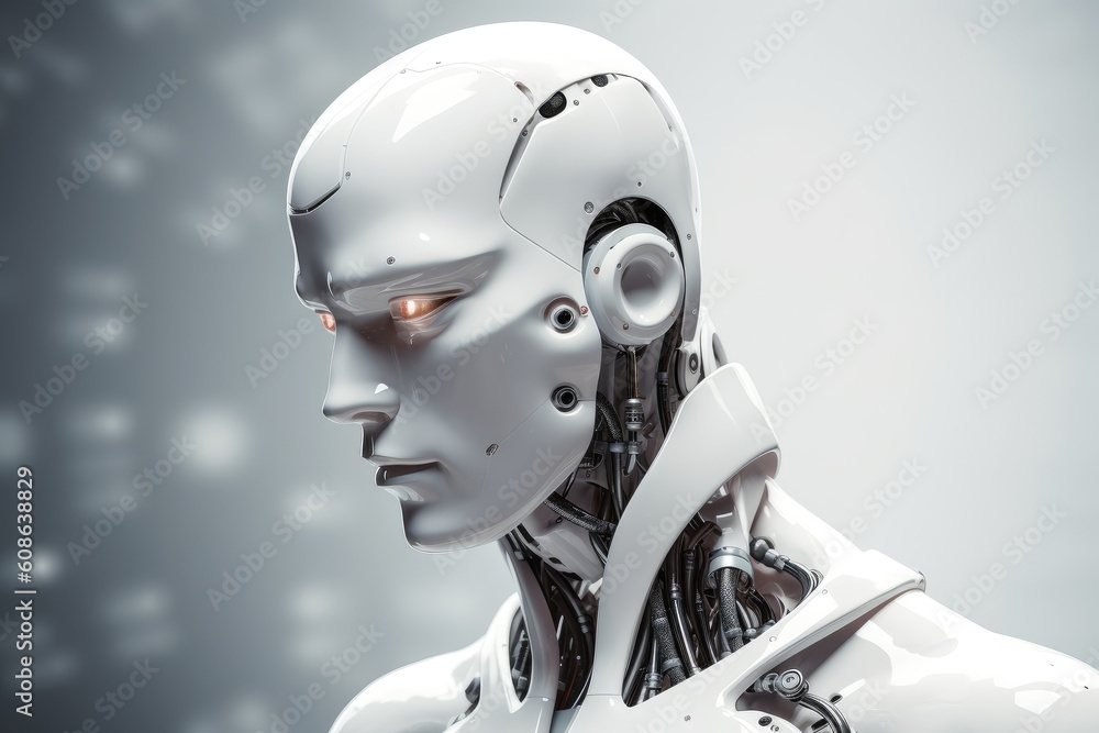 Stylish handsome white cyborg head, robot in modern white room interior. Futuristic man. Generative AI Stylish handsome white cyborg head, robot in modern white room interior. Futuristic man. Generative AI