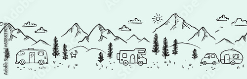 Road trip seamless pattern, doodle camper vans, vanlife, adventure - great for textiles, banners, wallpapers - vector design