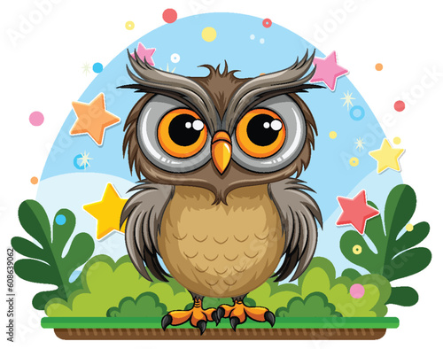 Cute owl cartoon character at the garden cartoon