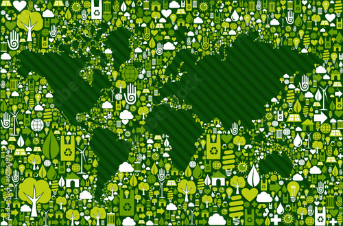 Green environment icon set around World map shape. Vector file layered for easy manipulation and custom coloring.