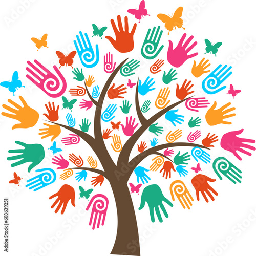 Isolated diversity tree hands illustration. Vector file layered for easy manipulation and custom coloring.