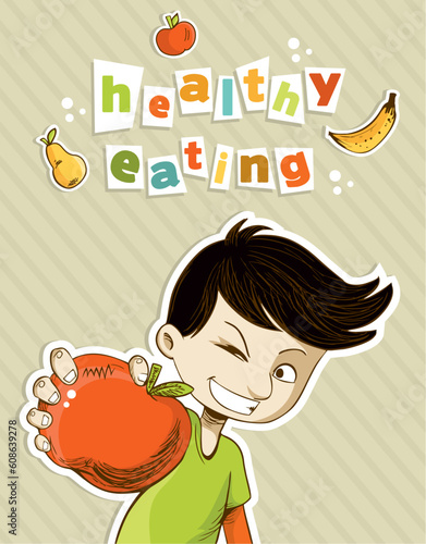 Healthy food, cartoon teenager boy with red apple and fruits. Vector file layered for easy manipulation and custom coloring.