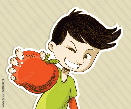 Healthy food, cartoon teenager boy with red apple. Vector file layered for easy manipulation and custom coloring.