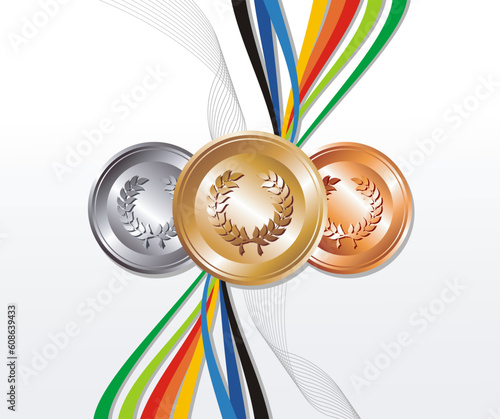 Sport gold, silver and bronze medals with ribbon elements set background. Vector file layered for easy manipulation and customisation.