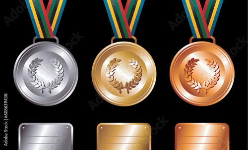 Sport gold, silver and bronze medals with ribbon elements set background. Vector file layered for easy manipulation and customisation.