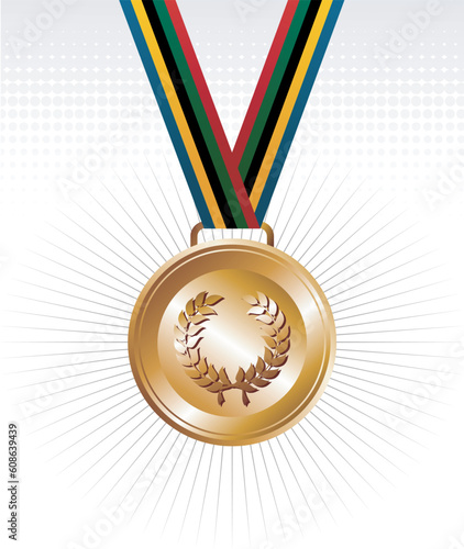 Sport gold medal with ribbon elements set background. Vector file layered for easy manipulation and customisation.
