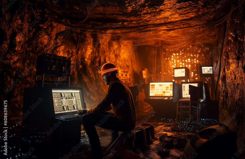 Striking Digital Gold: A Symbolic Representation of the Intricate Bitcoin and Cryptocurrency Mining Process Portrayed Through an Underground Miner's Journey in the Subterranean World of Blockchain Striking Digital Gold: A Symbolic Representation of the Intricate Bitcoin and Cryptocurrency Mining Process Portrayed Through an Underground Miner's Journey in the Subterranean World of Blockchain