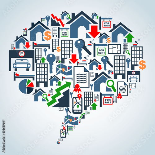 Real estate icon set in social media bubble shape background illustration. Vector file layered for easy manipulation and custom coloring.