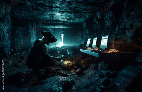 Striking Digital Gold: A Symbolic Representation of the Intricate Bitcoin and Cryptocurrency Mining Process Portrayed Through an Underground Miner's Journey in the Subterranean World of Blockchain