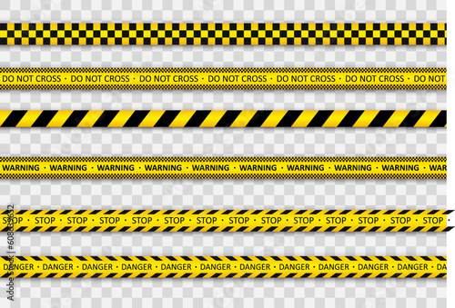Black and yellow striped line. Police tape. Records with caution and signs of danger. Warning tapes against threats. 