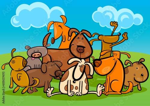 Cartoon Illustration of Cute Dogs or Puppies Group Against Blue Sky