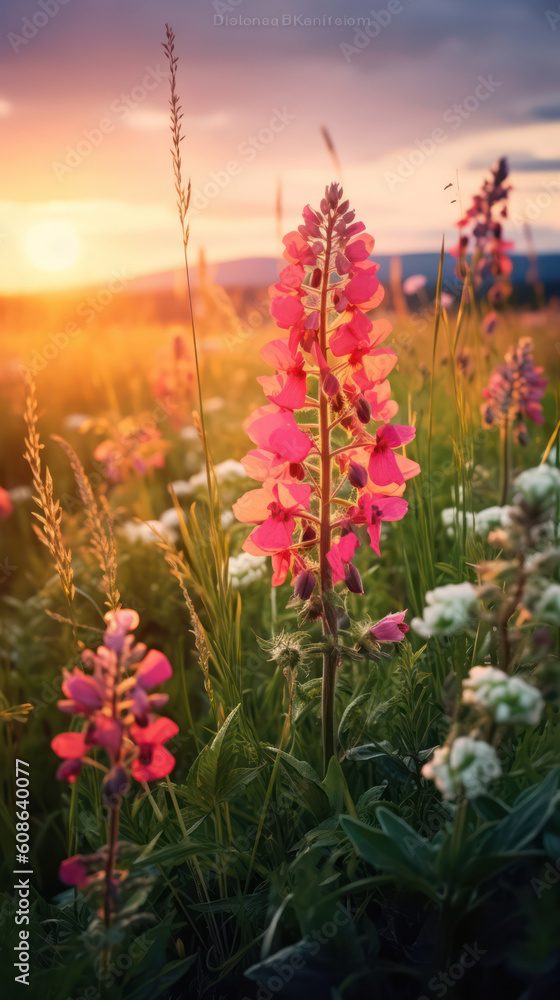 Obraz premium Summer wallpaper. Wildflowers illuminated by the evening sun.