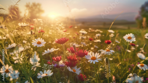 Summer wallpaper. Wildflowers illuminated by the evening sun.