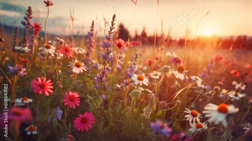 Summer wallpaper. Wildflowers illuminated by the evening sun.