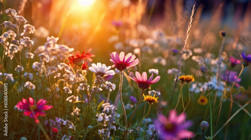 Summer wallpaper. Wildflowers illuminated by the evening sun.