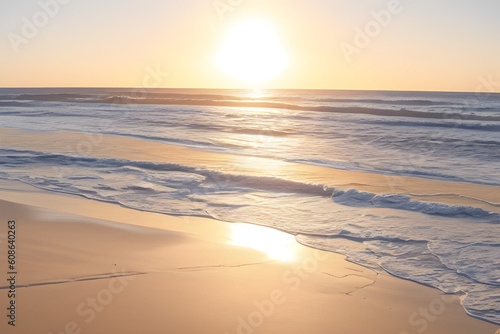 Beautiful sea coast. Light sandy beach  sea and sky. Delicate sunset colors. generative AI