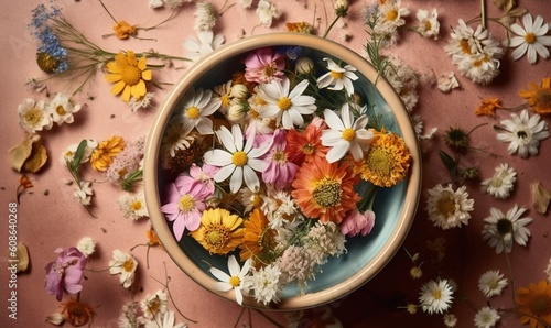  a bowl filled with lots of flowers on top of a table. generative ai