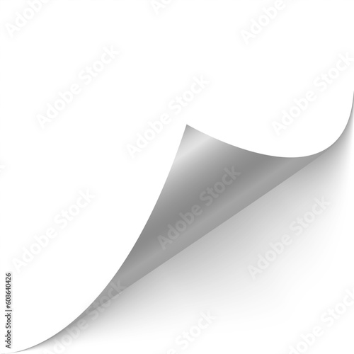 Folded paper. Curved corner paper with shadow. White page rotates bottom right on transparent background. The element for advertising and advertising messages. Simple image insertion.