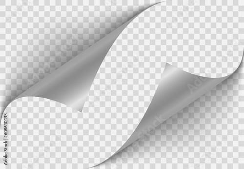 Folded paper. Curved corner paper with shadow. White page rotates bottom right on transparent background. The element for advertising and advertising messages. Simple image insertion.