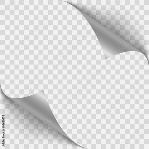 Curved page corner with shadow on a transparent background. Simple image insertion. The element for advertising and advertising messages. White page rotates bottom right. Vector illustration, EPS 10.