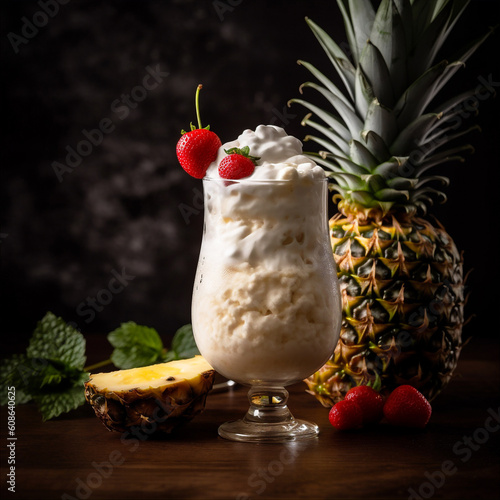 Fruity Pina Colada Cocktail Made With Rum, Coconut Cream, Pineapple Juice, pineapple wedge. AI generated