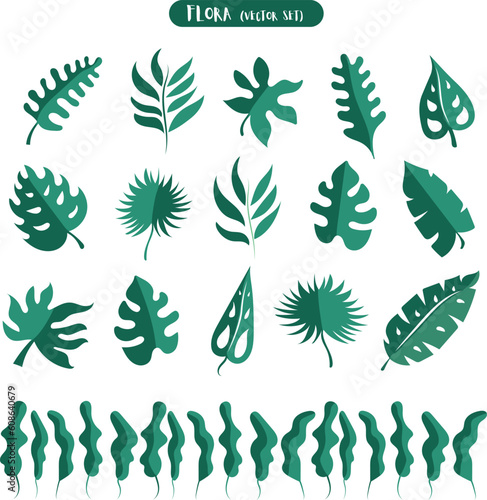 Flora. Foliage of the jungle. Green palm leaves on a white background. Tropical plants. Creative art concept. Eco green color leaf logo flat icon set.