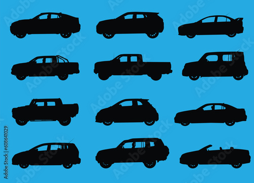 Various city cars silhouettes isolated on blue background.