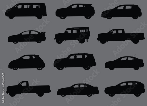 Various city cars silhouettes isolated on grey background.