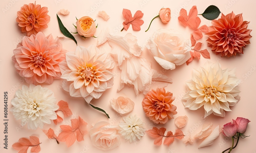a bunch of flowers that are on a pink surface with leaves. generative ai a bunch of flowers that are on a pink surface with leaves. generative ai