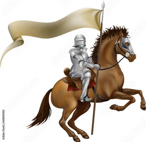 A knight with spear and banner mounted on a powerful horse