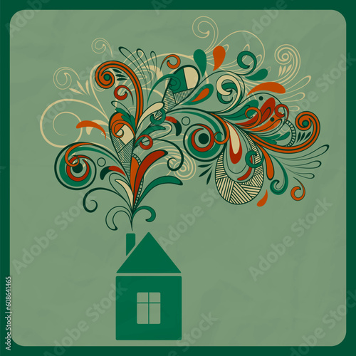 vector ecology concept with small house and floral smoke coming from the pipe, crumpled paper texture, eps 10