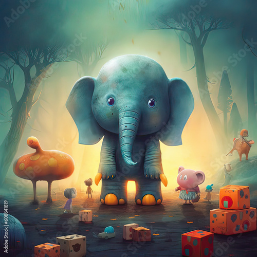 Cute Elephants, Childrens Book Illustration, Generative AI