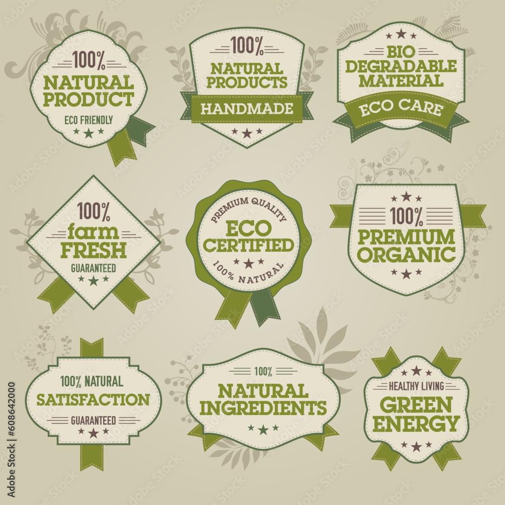Set of vector natural labels for web and print materials Set of vector natural labels for web and print materials